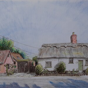 May include: A watercolor painting of two cottages with thatched roofs. The cottage on the left is pink with a red tile roof. The cottage on the right is white with a thatched roof and a brick chimney. Both cottages have green doors and windows.