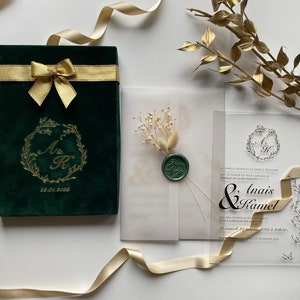 Wedding Invitation. Velvet Box Set with Acrylic Invitation with Vellum Jacket and Wax Seal. Gold Foil Press With Amazing Flower Seal.