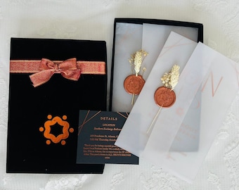 Invitation. Black Velvet Box Set with Acrylic Invitation with Vellum Jacket and Wax Seal. Copper Foil Press With Black Paper RSVP.