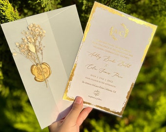 Wedding Invitation. Acrylic Invitation with Gold Frame Envelope and Elegant Gold Foil and Wax Seal . Stylish Envelope.