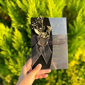 Wedding Invitation. Acrylic Invitation with Black Velvet Half Folded Envelope and Wax Seal and Flowers. Stylish Envelope.