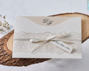 Wedding Invitation. Elegant Lace Design Glyph with Stylish Ribbon on the Envelope. Lovely Tag on it. Luxury Card with Monogram Details.