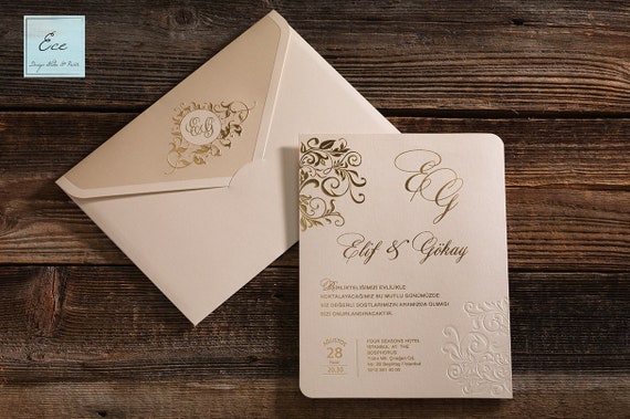 Wedding Invitation Cream And Gold Foil Glyph Pattern Etsy