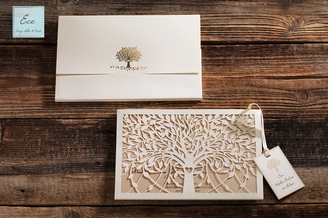 Tree Model Invitation Wedding Invitation. Amazing Tree Shape Laser Cut Cover With a Stylish ...