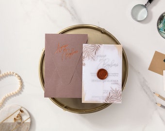 Palm Leaves Pressed Vellum Jacket with Copper Foil Pressed Brown Mailing Envelope. Amazing Water Colour Design with Gold Foil Details Card.