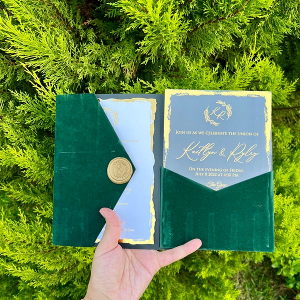 Wedding Invitation. Luxury Green Velvet Trifold Envelope with Pocket for Extra Inserts. Elegant Acrylic/Card Invites with Gold Foil Press