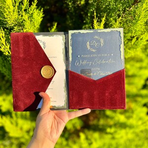 Wedding Invitation. Luxury Burgundy Velvet Trifold Envelope with Pocket for Extra Inserts. Elegant Acrylic/Card Invites with Gold Foil Press