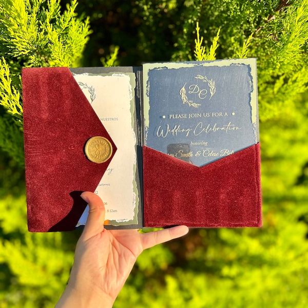 Wedding Invitation. Luxury Burgundy Velvet Trifold Envelope with Pocket for Extra Inserts. Elegant Acrylic/Card Invites with Gold Foil Press