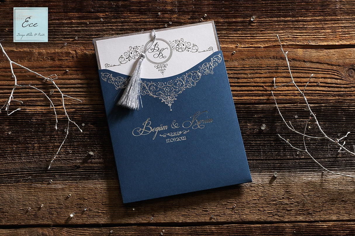 Wedding Invitation. Blue pocket Envelope with Silver Pattern. Etsy