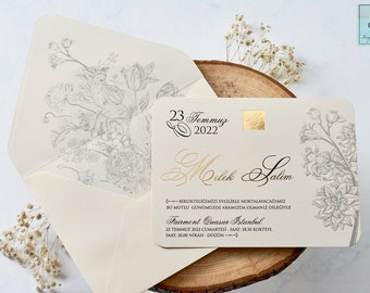 Wedding Invitation. Amazing Floral Details on Both Card and Envelope. Elegant and Stylish Look with Gold Foil Names and Little Monogram.