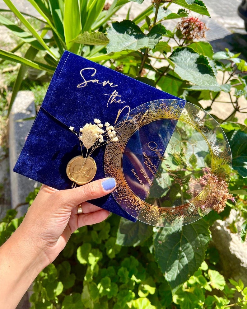 Save the Date. Acrylic Invitation with Luxury Sax Blue Velvet Envelope and Elegant Gold Foil. Stylish Envelope. image 2