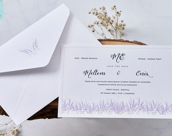 Wedding Invitation. Beautiful Lavender Theme with Elegant Envelope and Stylish Glyph Frame Card. Floral Desing, Great Look.