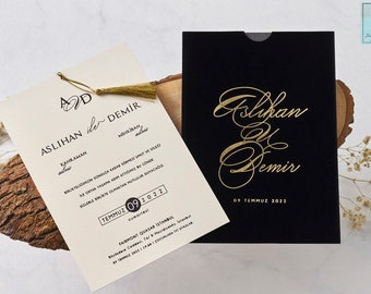 Wedding Invitation. Luxury Black Velvet Envelope with Stylish Gold Foil Text. Stylish and Elegant Invitation with Gold Tasel.