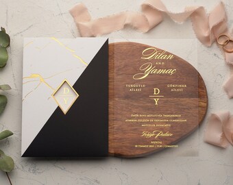 Faire-part de mariage. Faire-part de luxe en acrylique avec impression de feuille d'or. Superbe enveloppe avec élégant marbre doré sur noir et blanc. Élégant