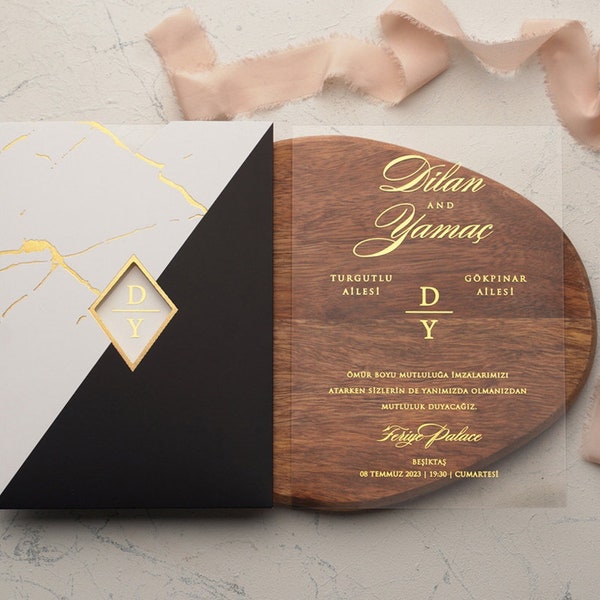 Wedding Invitation. Luxury Acrylic Invitation with Gold Foil Pressing. Amazing Envelope with Elegant Gold Marble on Black and White. Stylish