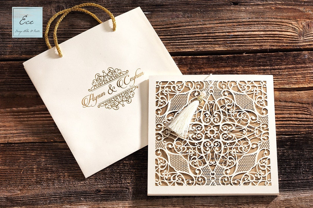 Wedding Invitation. Laser Cut Cover With Elegant Pattern. Cream Stylih