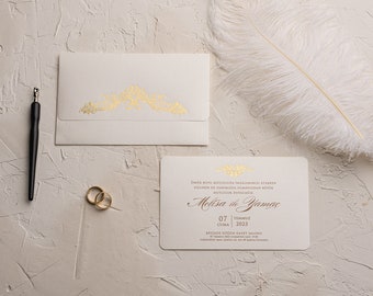 Wedding Invitation. Elegant Invitation with Classical Gold Foil Pattern on Invitation and Envelope. Stylish and Luxury look.