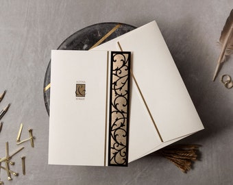 Wedding Invitation. Amazing Folded Design with Luxury Black Velvet Details on Gold Frame. Stylish Logo with Elegant Gold Foil Texting.