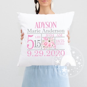 Modelo de sublimação de travesseiro de anúncio de nascimento floral rosa e cinza/design de sublimação/travesseiro de anúncio de nascimento png/clipart/sublimação