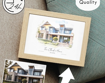 Retrato de casa personalizado en estilo acuarela. Regalo perfecto para mudanzas para decoración del hogar. Regálelo como regalo para un agente inmobiliario.