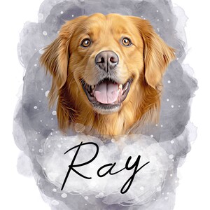 Może przedstawiać: Aquarela przedstawiająca golden retrievera z napisem "Ray" pod spodem. Pies patrzy prosto na widza z otwartą paszczą i wysuniętym językiem.