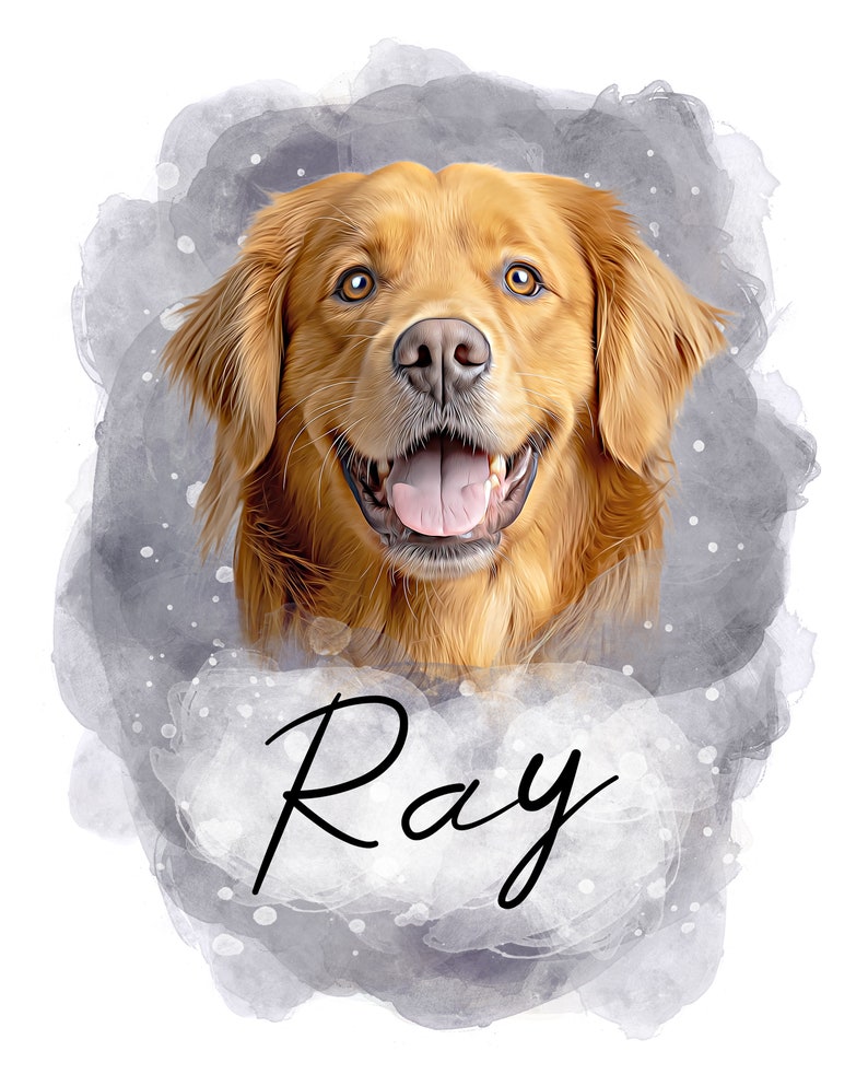 Może przedstawiać: Aquarela przedstawiająca golden retrievera z napisem "Ray" pod spodem. Pies patrzy prosto na widza z otwartą paszczą i wysuniętym językiem.