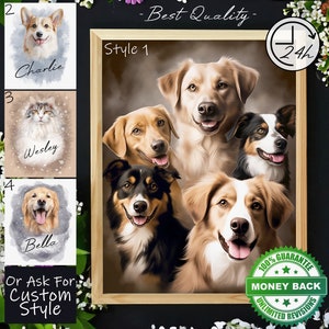 Portrait with frame pet multiple custom painting dog memorial gift pet memorial multiple pet portrait, pet portrait gift portrait watercolor
