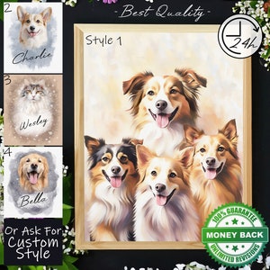 Può includere: Un dipinto digitale di quattro cani in stile acquerello. I cani sorridono tutti e guardano la fotocamera. Il dipinto è incorniciato in una cornice di legno. Il testo "Best Quality" e "Style 1" è visibile nell'immagine.