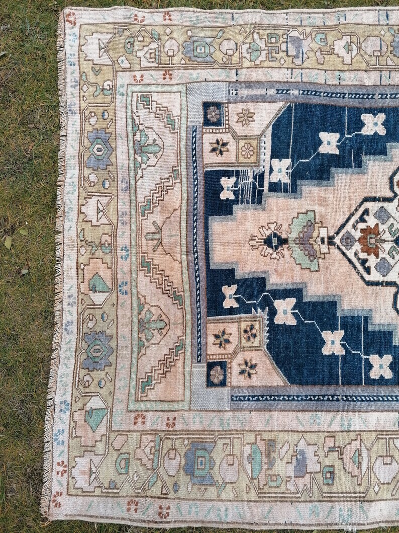 Turkish Oushak Rug Blue Vintage Rug 5'2x10 Vintage Oushak Etsy