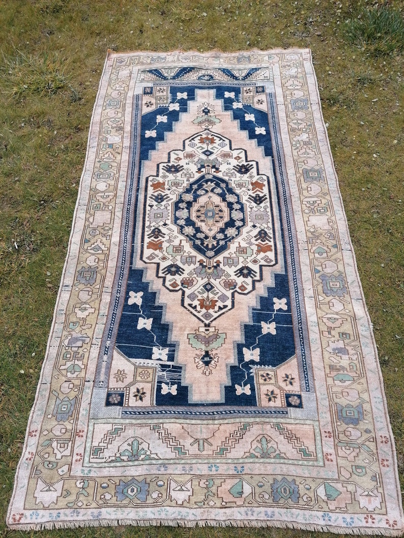 Turkish Oushak Rug Blue Vintage Rug 5'2x10 Vintage Oushak Etsy