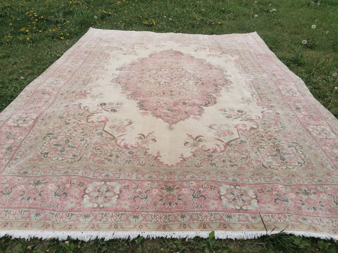 Vintage Rug, Pastel Vintage Oushak Rug 6'7x8'7 Faded Unique Hand Made