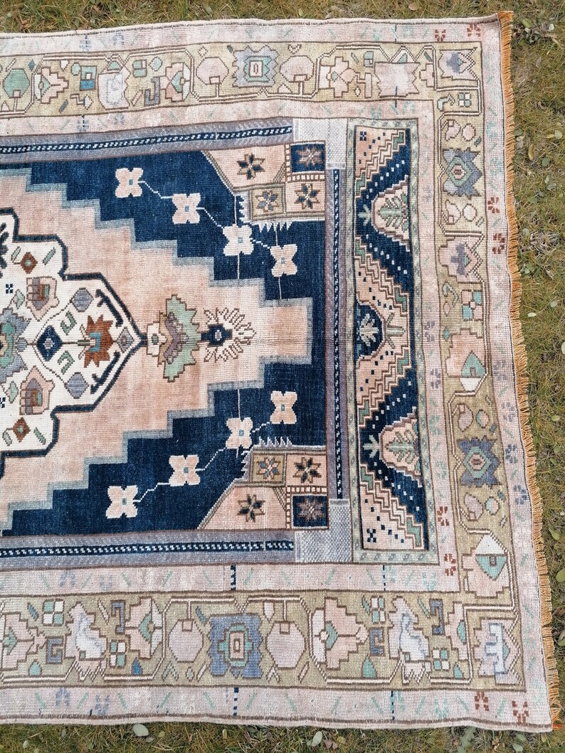 Turkish Oushak Rug Blue Vintage Rug 5'2x10 Vintage Oushak Etsy