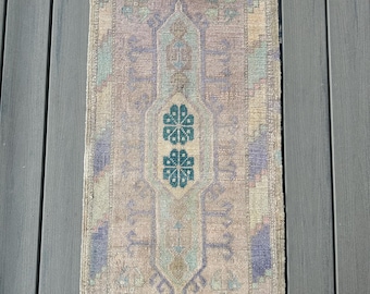 Vintage Turkish Oushak Rug 2x4- Pastel Beige Blue Anatolian Rug Handmade Distressed Small Area Rug,