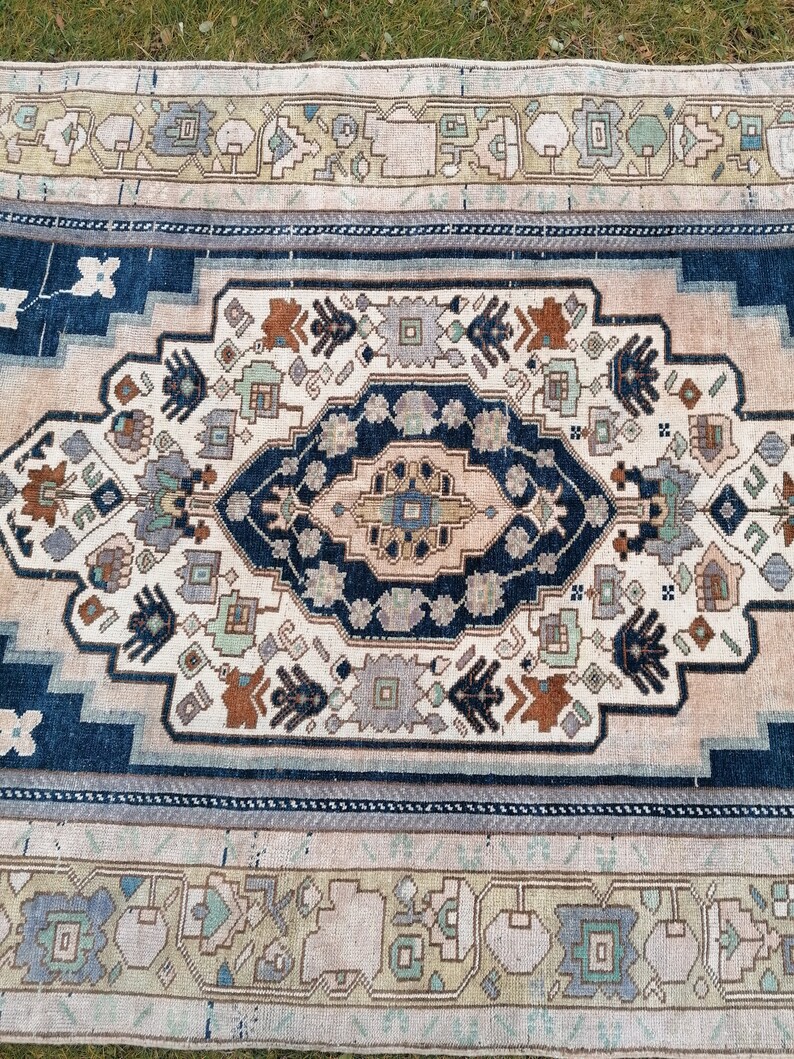 Turkish Oushak Rug Blue Vintage Rug 5'2x10 Vintage Oushak Etsy