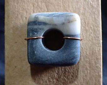 Handmade Sacred Stone BEAD 8mm hole SQUARE Slate Grey Marbelled White QUARTZ Eco Ethnic Kernow