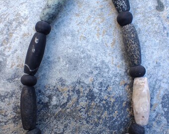 Hand Carved Cape Cornwall Stone & Silver Tubular Beaded Necklace