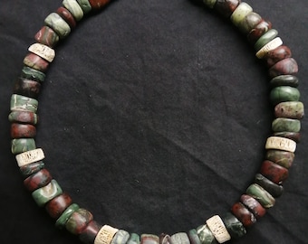 Handmade Serpentine Stone, Bone & Silver Beaded Choker Necklace, Lizard Cornwall