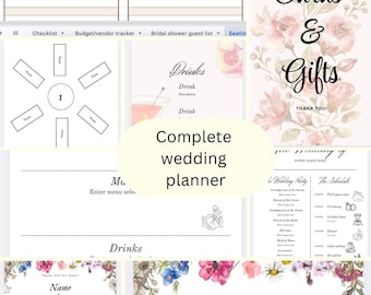 COMPLETE bruiloftsbundel! Met een Google Spreadsheets-planner en canvassjablonen voor bewegwijzering en plattegronden!