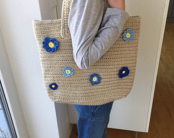 Tasche Shopper beige blau Blumen