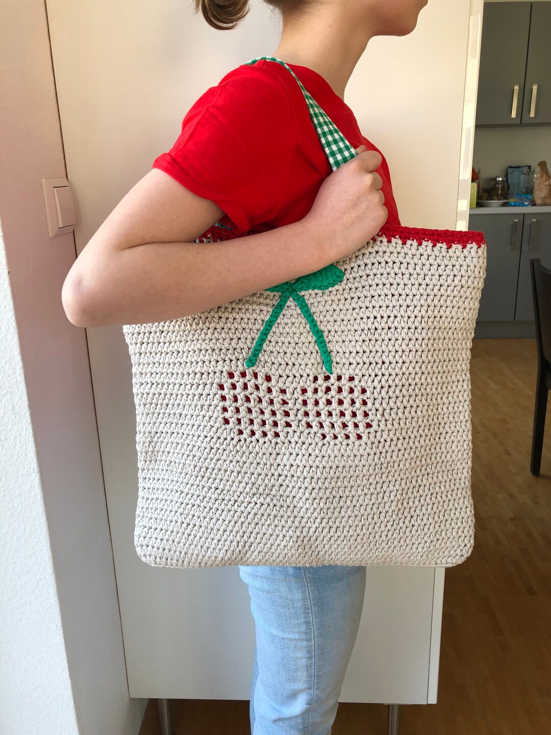 Buy Shopper Beachbag Beige With Cherry Application Hole Pattern