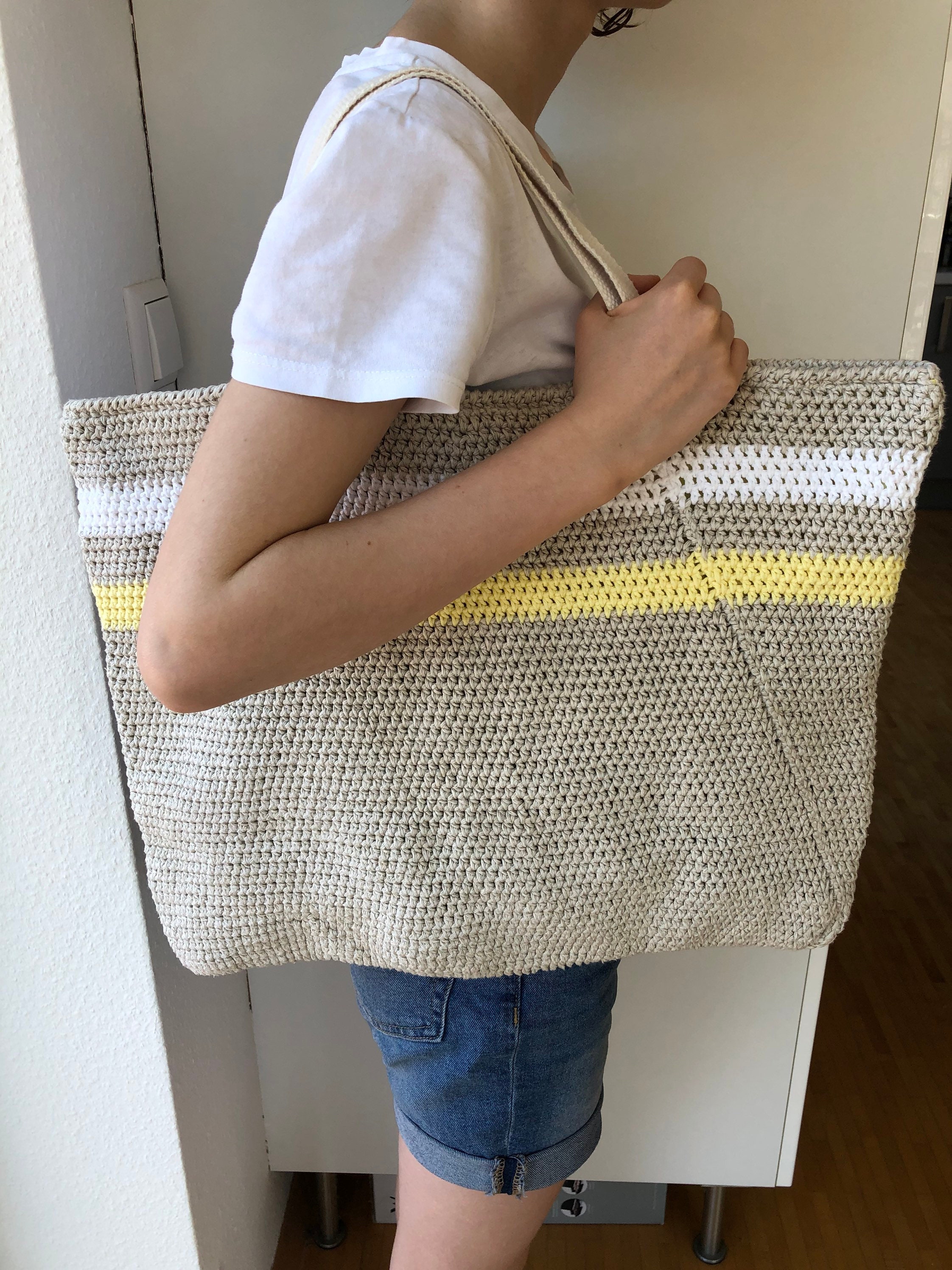 Bag Shopper Beachbag Beige White Pastel Yellow Striped With