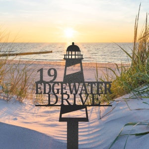 Personalized Lighthouse Address Sign | Custom Beach House Yard Sign | Coastal Metal Address Plaque | Outdoor House Number Sign