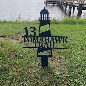 Personalized Lighthouse Address Sign | Custom Metal House Number | Coastal Yard Decor | Beach House Address Plaque | Outdoor Nautical Sign