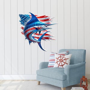 Saltwater American Flag Marlin Metal Wall Art Sign – Coastal Nautical Decor for Beach House, Man Cave, or Fishing Cabin Accent
