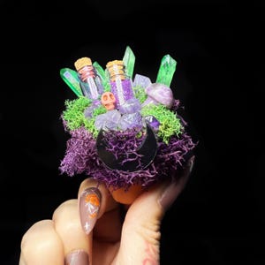 Könnte beinhalten: Dekorative Anordnung mit kleinen Glasflaschen mit Korken, gefüllt mit lila und rosa Inhalt, umgeben von grünem und lila Moos, Kristallen und einem kleinen Totenkopf. Ein silberner Halbmond ist ebenfalls enthalten.