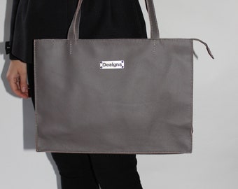 Genuine Leather Tote,  Gray Shoulder shopper Bag, real Leather handbag,  casual bag, everyday bag, purse,