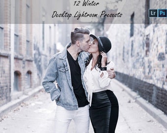 May include: A digital file set titled 12 Winter Desktop Lightroom Presets featuring a photograph of two individuals kissing in an alleyway. One wears a denim jacket, black shirt, white pants, and tan boots. The other wears a white blouse, black skirt, hat, and heels.