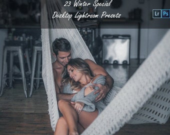 May include: A white woven hammock containing two people embracing, with the text 23 Winter Special Desktop Lightroom Presets and the icons Lr Ps visible in the upper portion of the image, set against a dark, moody interior background.