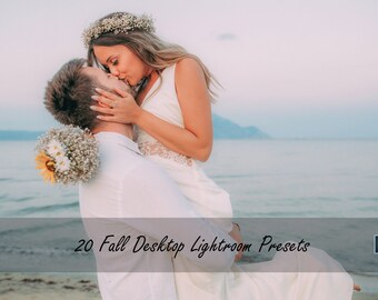 May include: A digital product listing for 20 Fall Desktop Lightroom Presets featuring a couple kissing on a beach at sunset. The person is wearing a white dress with a floral crown, and the other person wears a white shirt. Text reads 20 Fall Desktop Lightroom Presets with Lr and Ps icons.