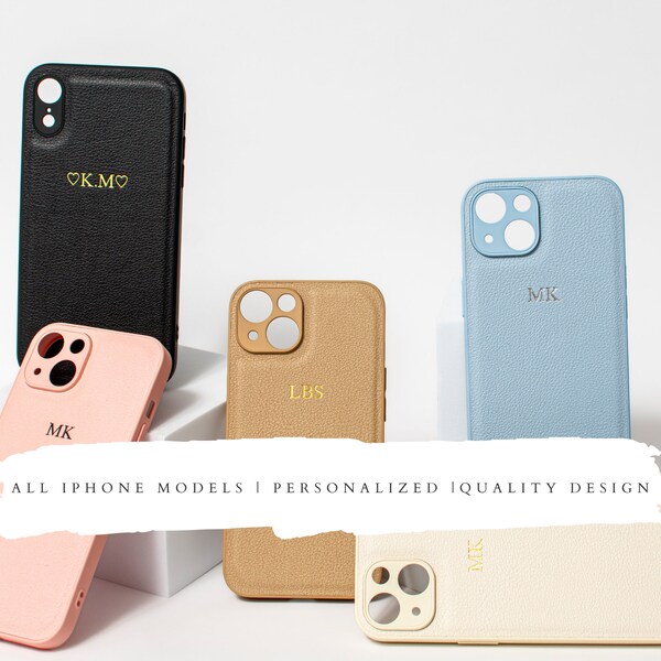 Coque iPhone personnalisée esthétique bohème, joli monogramme personnalisé en cuir végétalien pour iPhone 15, 14,13,12,11,Xr,X,8,7, noir, kaki, blanc, rose, bleu